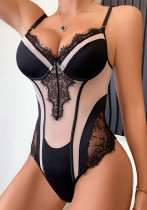 Sexy Low Back Mesh See-Through Lace Patchwork Contrast Color Jumpsuit For Women