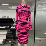 Women's Spring And Summer Printed Fashion Casual Pleated Long Sleeve Slim Chic Long Dress