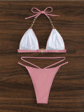 Crystal Chain Two Pieces Lace-Up Halter Neck Bikini Swimsuit For Women