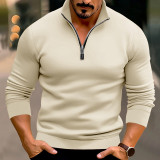 Spring And Winter Men's Casual Solid Color Long-Sleeved Zip Stand Collar T-Shirt Tops For Men
