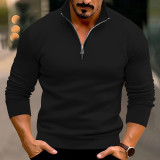 Spring And Winter Men's Casual Solid Color Long-Sleeved Zip Stand Collar T-Shirt Tops For Men