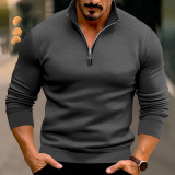Spring And Winter Men's Casual Solid Color Long-Sleeved Zip Stand Collar T-Shirt Tops For Men