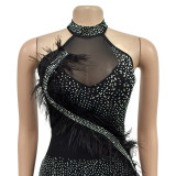 Fashion Women's Solid Color Mesh Beaded Feather Club Dress