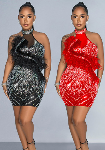 Fashion Women's Solid Color Mesh Beaded Feather Club Dress