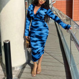 Women's Spring And Summer Printed Fashion Casual Pleated Long Sleeve Slim Chic Long Dress