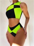Sexy Contrast Color High Waist Two Pieces Bikini Women's Swimsuit
