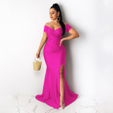 Women Short Sleeve French Sexy V-Neck Evening Dress solid Split Long Dress