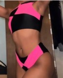 Sexy Contrast Color High Waist Two Pieces Bikini Women's Swimsuit