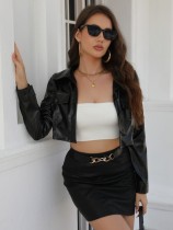 Women's Winter Turndown Collar Crop Pu Leather Jacket