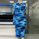 Women's Spring And Summer Printed Fashion Casual Pleated Long Sleeve Slim Chic Long Dress