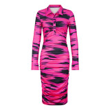 Women's Spring And Summer Printed Fashion Casual Pleated Long Sleeve Slim Chic Long Dress