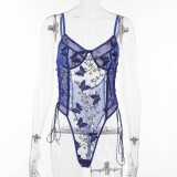 Sexy Lingerie Erotic Women's Straps One-Piece Embroidered Mesh See-Through Bodysuit