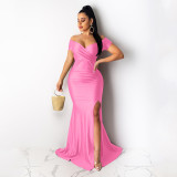Women Short Sleeve French Sexy V-Neck Evening Dress solid Split Long Dress