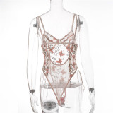 Sexy Lingerie Erotic Women's Straps One-Piece Embroidered Mesh See-Through Bodysuit