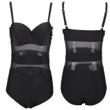 Plus Size Women Solid Mesh Patchwork Underwire Backless One-Piece Swimwear
