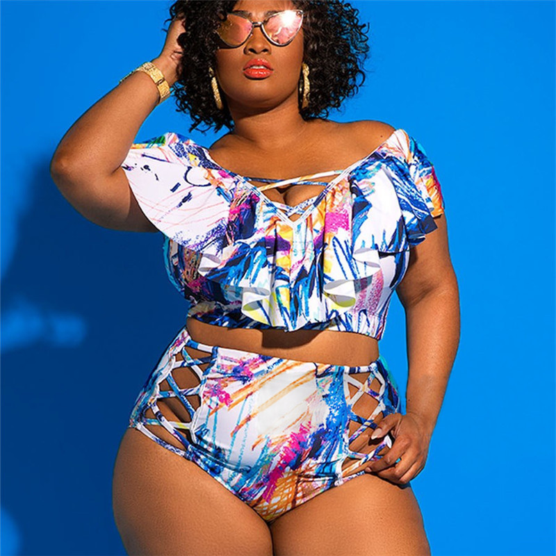 Plus Size Off-Shoulder Printed Two-Piece Swimsuit