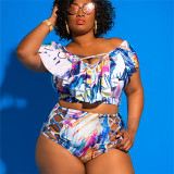 Plus Size Women Off Shoulder Print Two Pieces Swimwear