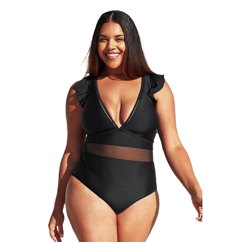 Plus Size Solid Mesh One-Piece Swimsuit