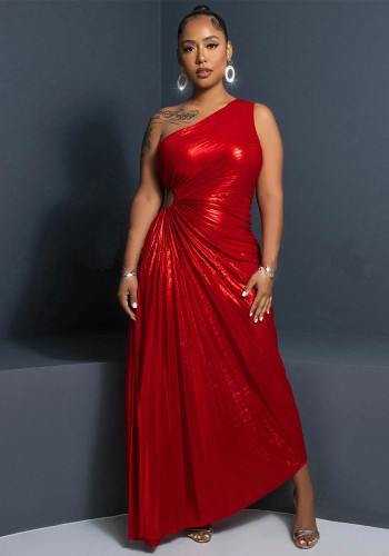Women Pleated Slash Shoulder Shiny Dress