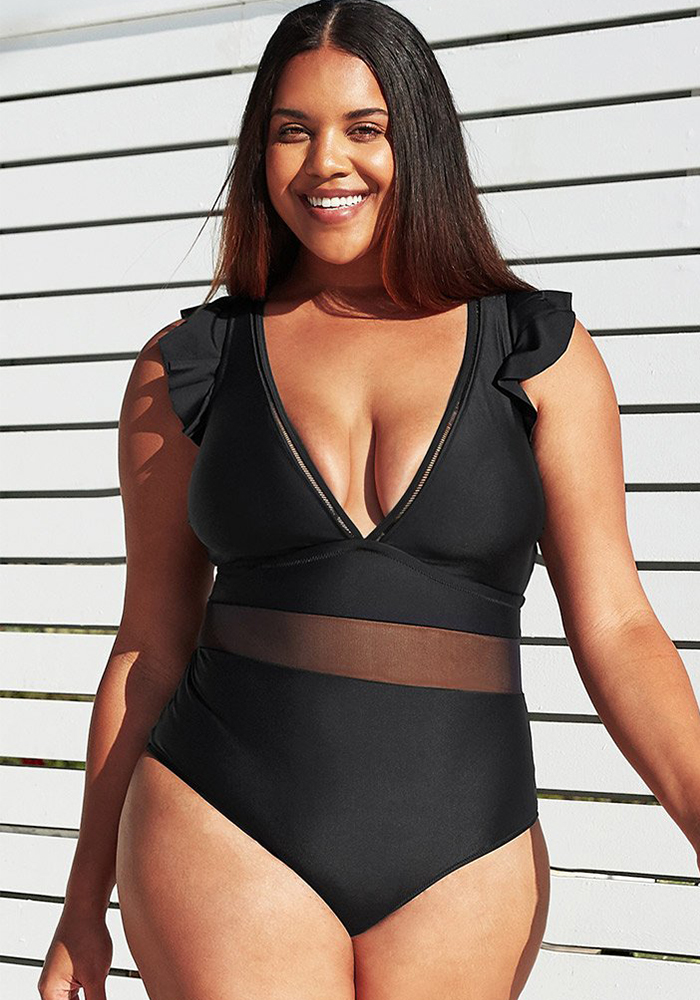 Plus Size Solid Mesh One-Piece Swimsuit