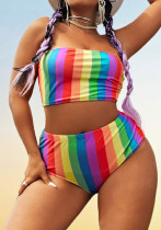 Plus Size Women Rainbow Stripe Print Two Pieces Swimwear Plus Size Women Rainbow Stripe Print Two Pieces Swimwear