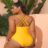 Plus Size Women Solid Backless Cross Strap One Piece Swimwear