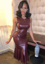 Women PU Leather Round Neck Sleeveless Bodycon Pleated Mermaid Dress