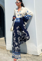 Women Print Loose long-sleeved top and wide-leg pants two-piece set Women Print Loose long-sleeved top and wide-leg pants two-piece set
