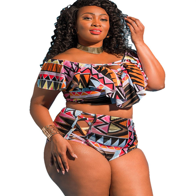 Plus Size Off-Shoulder Printed Two-Piece Swimsuit