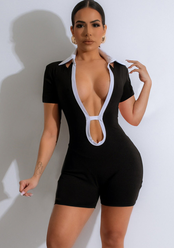 Women Contrast Color Collar Cut Out Sexy Romper