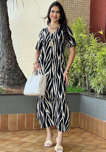 Women Elegant Printed Short Sleeve V-Neck Slit Dress