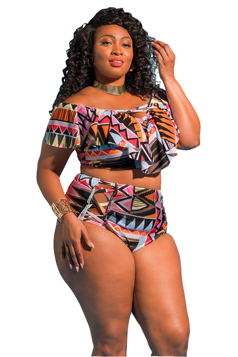 Plus Size Off-Shoulder Printed Two-Piece Swimsuit