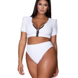 Plus Size Women Solid Zip Half Sleeve Bikini Swimwear