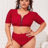 Plus Size Women Solid Zip Half Sleeve Bikini Swimwear