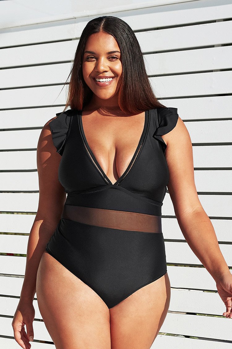 Plus Size Solid Mesh One-Piece Swimsuit