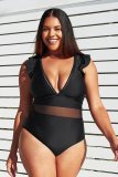 Plus Size Women Solid Mesh One Piece Swimwear