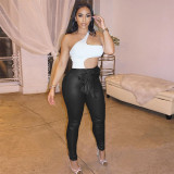 Women Stretch Belted Casual Pu Leather Pants