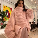 Women winter knitting outfit fluffy long sleeve sweater
