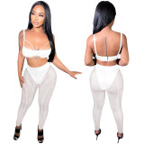 Women sexy bra strap zipper mesh See-Through trousers two-piece set