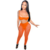 Women sexy bra strap zipper mesh See-Through trousers two-piece set