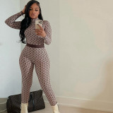 Women Printed Streetwear Round Neck Long Sleeve Jumpsuit