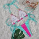 Sexy Crystal Diamond Color Patchwork Lace-Up Bikini Swimsuit Holidays Two Pieces Women's Swimwear