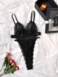 Striped See-Through Mesh Patchwork Lace Sexy One-Piece Bodysuit Lingerie