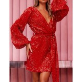 V-Neck Long-Sleeved Sequin Dress