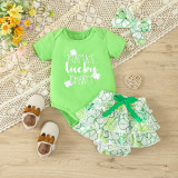 St. Patrick's Day Children's Clothing Spring Summer Style Baby Girl Clover Print Short Sleeve Bodysuit And Shorts Set