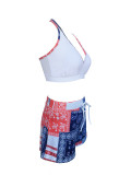 Plus Size Printed Two Pieces Bikini Beach Holidays Square Leg Shorts Three-Piece Swimsuit