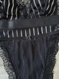 Striped See-Through Mesh Patchwork Lace Sexy One-Piece Bodysuit Lingerie