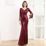 Women's Long Sleeve Formal Party Chic French Luxurious Sequined Mermaid Long Evening Dress