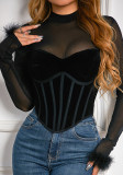 Sexy Mesh Patchwork Velvet Solid Color See-Through Long-Sleeved Fishbone Top For Women