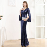 Women's Long Sleeve Formal Party Chic French Luxurious Sequined Mermaid Long Evening Dress